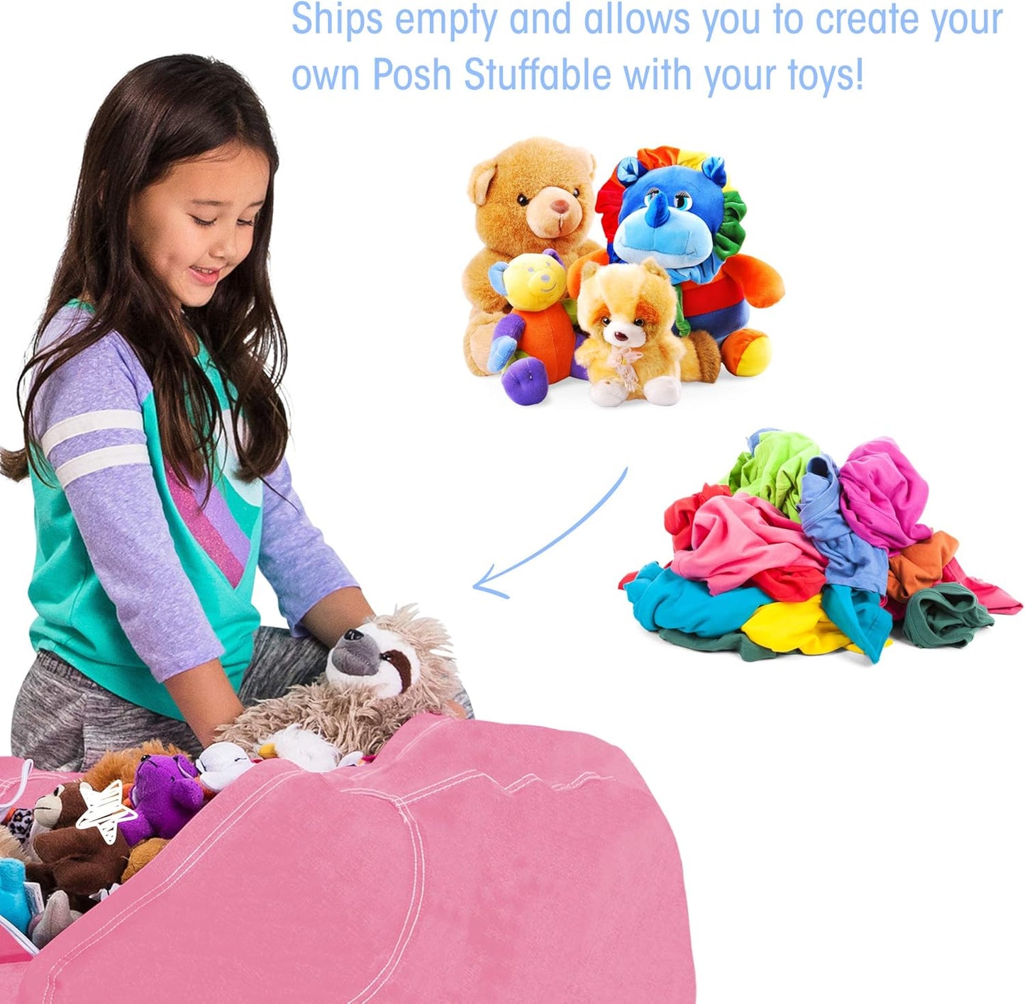 Posh Stuffable Kids Stuffed Animal Storage Bean Bag Chair Cover - Large 38" Solid Pink Toy Organizer for Children