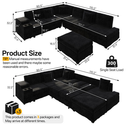 KEIKI 110" L-Shaped Oversized Plush Corduroy Modular Sectional Sofa with Pull-Out Bed, Convertible 6-Seater Sleeper Couch Bed with 1 Ottomans & USB & Cup Holders, Easy Assembly, for Living Room, Black
