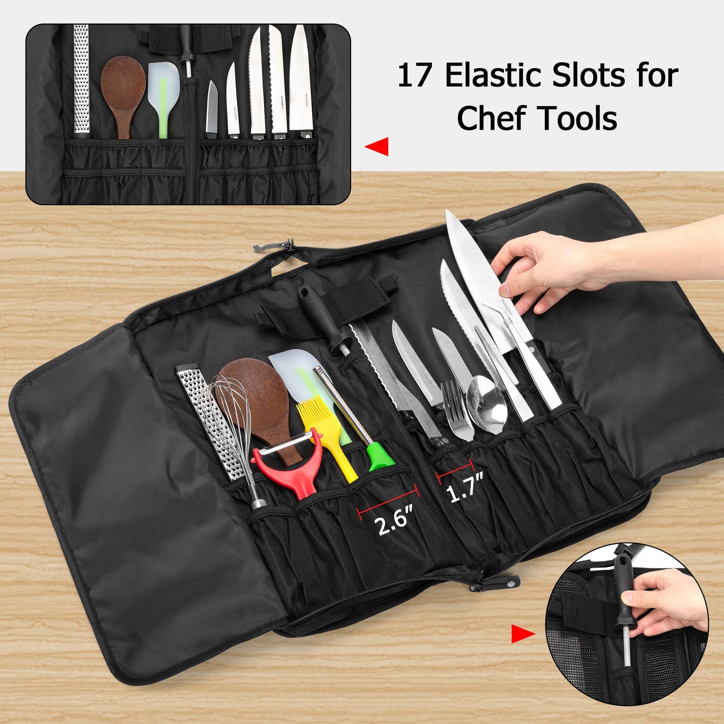 samdew Chef Knife Bag with Lockhole & 17 + 6 Slots, Chef Bag for Knife Storage, Travel Knife Roll for Professional Chefs, Knife Carrying Case Knife Carrier for Kitchen Utensils, Bag Only