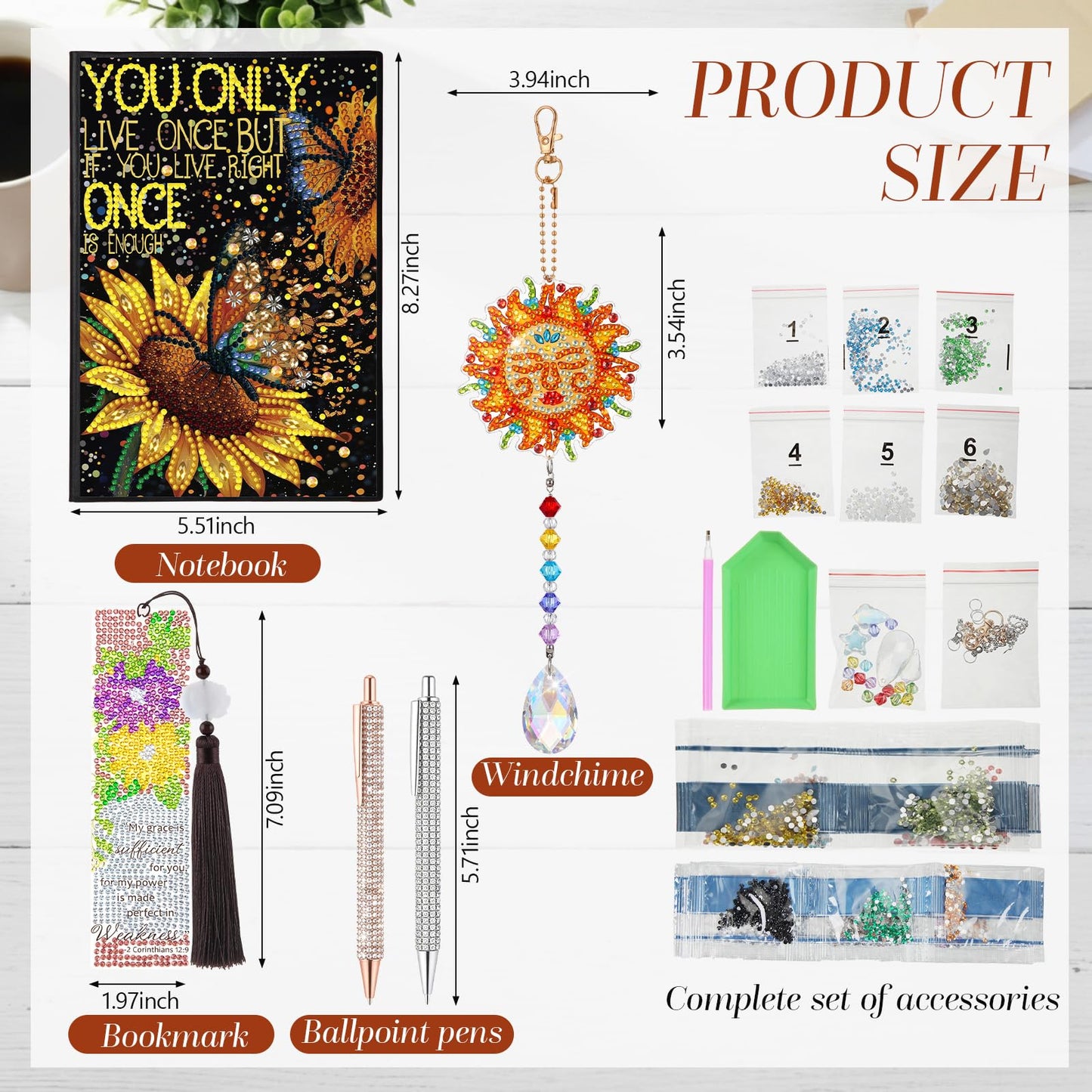 ForraFun Diamond Art Notebook for Adults Diamond Painting Journals Notebooks 5d DIY Diamonds Notebook Painting Kit with Diamonds Ballpoint DIY Bookmark & Wind Chime for Crafts Gift(Sunflower)