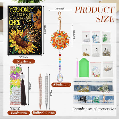 ForraFun Diamond Art Notebook for Adults Diamond Painting Journals Notebooks 5d DIY Diamonds Notebook Painting Kit with Diamonds Ballpoint DIY Bookmark & Wind Chime for Crafts Gift(Sunflower)
