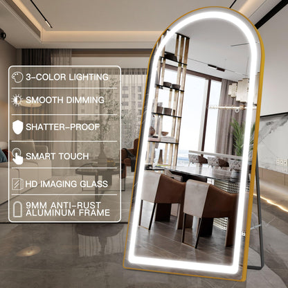 FENNIO 70" x 32" LED Full Body Mirror, Arched Wall Mounted Hanging Mirror with Lights for Bedroom, Salon, 3 Color Lighting, Tempered Glass, Brushed Aluminum Frame
