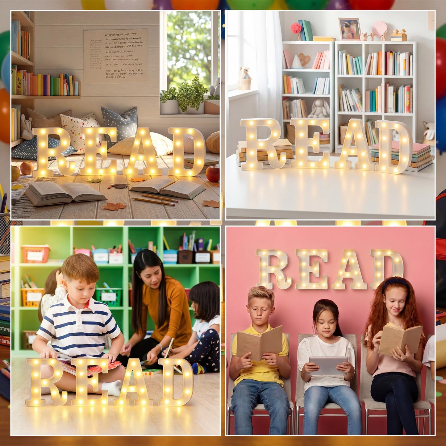 Wettal 4 Pcs Read LED Letter Lights Classroom Reading Corner Decor Read Light up Signs Marquee Light Letters Library Signs Preschool Elementary Reading Classroom Decorations for Wall Shelf Table