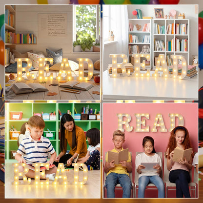 Wettal 4 Pcs Read LED Letter Lights Classroom Reading Corner Decor Read Light up Signs Marquee Light Letters Library Signs Preschool Elementary Reading Classroom Decorations for Wall Shelf Table