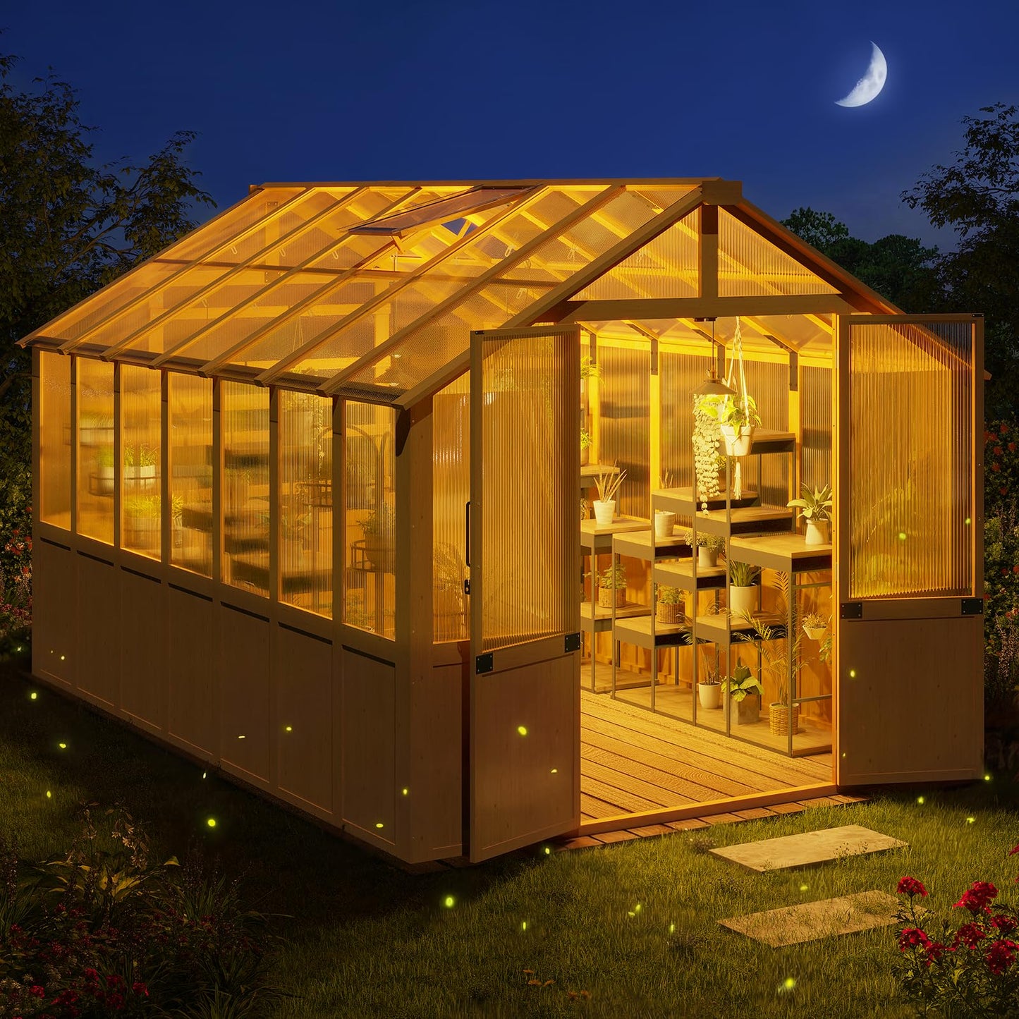 EROMMY 8x12 FT Wooden Greenhouse for Outdoors, Large Walk-in Greenhouse Kit with 4mm Polycarbonate Panels, Adjustable Roof Vent, Lockable Door, Outdoor Greenhouse for Backyard Garden
