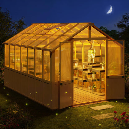 EROMMY 8x12 FT Wooden Greenhouse for Outdoors, Large Walk-in Greenhouse Kit with 4mm Polycarbonate Panels, Adjustable Roof Vent, Lockable Door, Outdoor Greenhouse for Backyard Garden