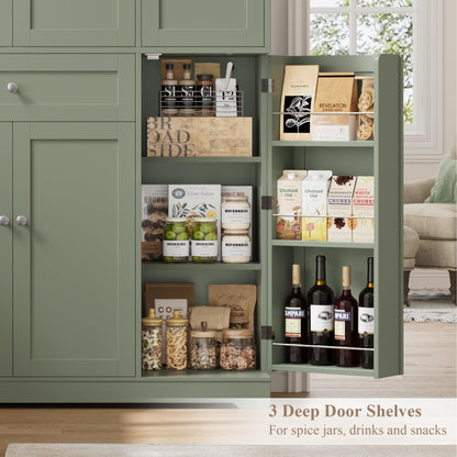 HOSTACK 68" Tall Kitchen Pantry Storage Cabinet, Modern Kitchen Hutch Cabinet with Doors and Shelves, Freestanding Food Pantry with Large Storage Drawer for Dining Room, Living Room, Green