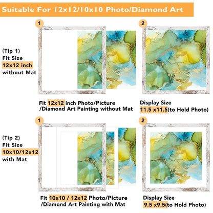 QOTIB Wood 12x12 Frame for 30x30cm Diamond Art Painting, Display Picture 10x10 with Mat or 12x12 without Mat, Large Rustic White Picture Frame for Wall Hanging, 1 Pack