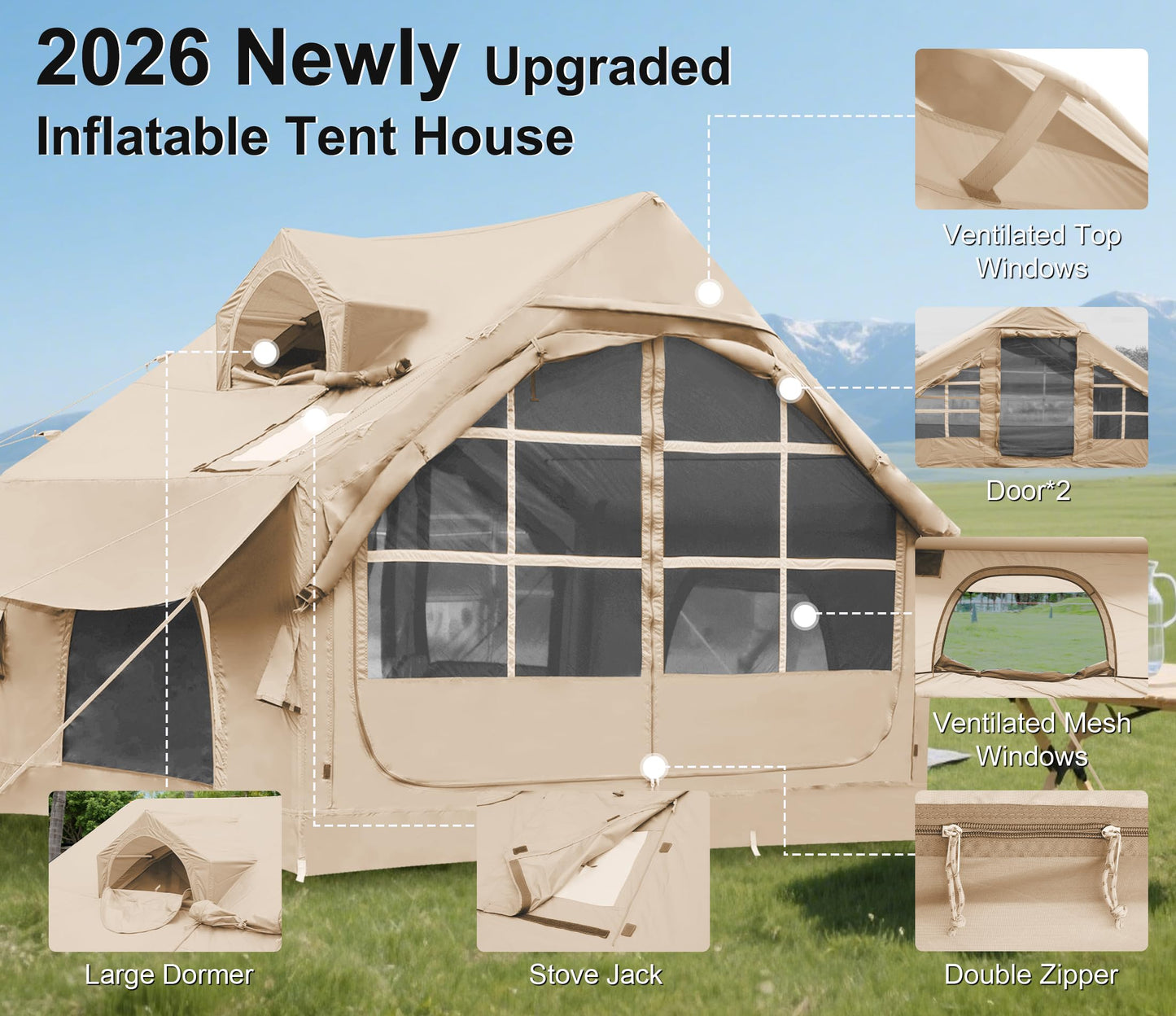Inflatable Tents for Camping with Skylight, 4/6 Person Easy Setup Blow Up Tents for 4 Seasons Waterproof Inflatable Camping Tent with Awning, Air House Glamping Tents for Camping Adult