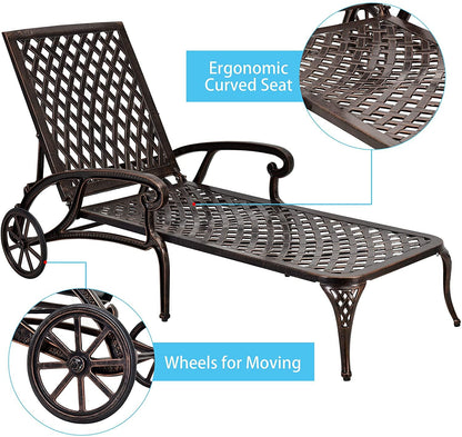 Karzibo Cast Aluminum Outdoor Chaise Lounge Chair with Wheels, Patio Chaise Lounge with 3-Position Adjustable Backrest, Outdoor Tanning Chair Patio Lounge Chair, Brown