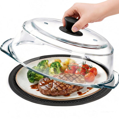 Glass Microwave Splatter Cover for Food with Microwave Place Mat - Sturdy Plate Guard Lid with Vent Holes and Easy-Grip Silicone Handle - BPA Free, Dishwasher Safe (Black)