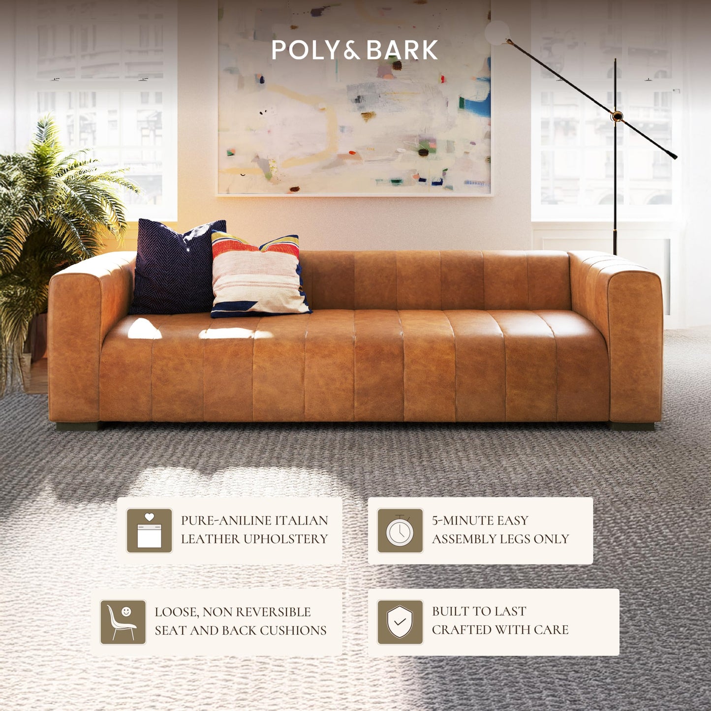 Poly & BARK Canale 99” Sofa – Modern 3-Seater Couch for Living Rooms – Performance Fabric Upholstery, High-Density Foam Cushions, Tapered Legs, Minimal Assembly – Cognac Tan