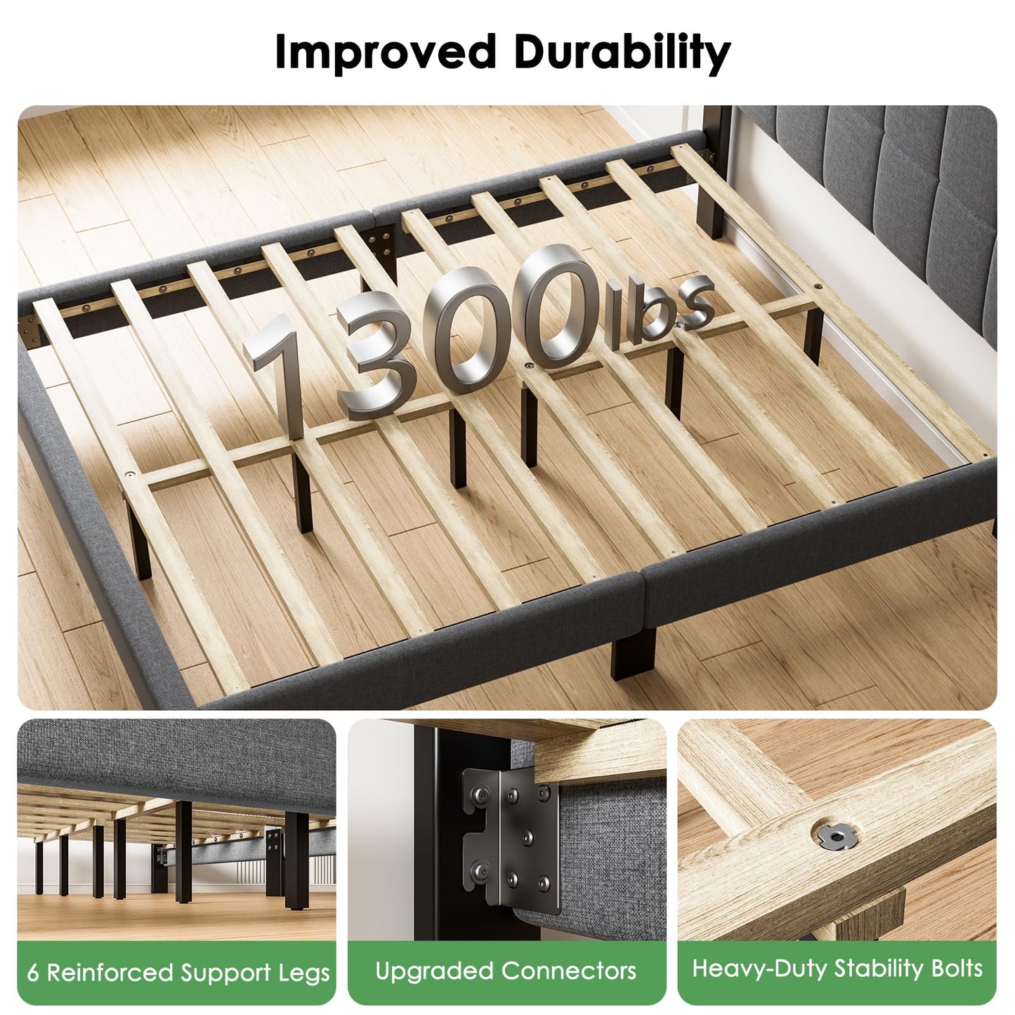 Marsail Full Size Bed Frame with Headboard, Sturdy and Durable with 12 Support Legs, 1300 lbs Capacity, Solid Wooden Upholstered Adjustable Headboard for 6"-12" Mattresses, Easy Assembly,Dark Gray