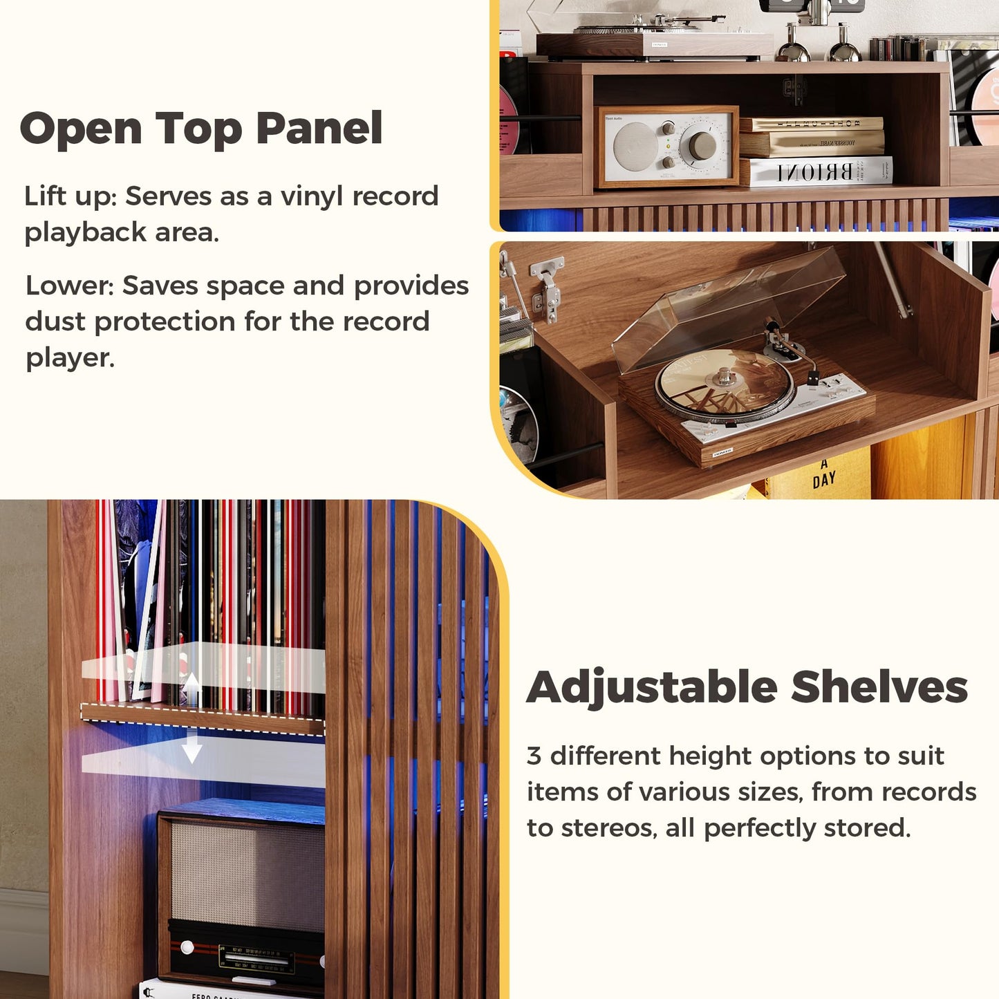 IRONCK Luxury Record Player Stand with Storage, Holds 1500+ Vinyl Records, Large Record Storage Cabinet with Sliding Doors & Charging Station & LED Light, Brown