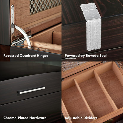 Boveda Bespoke Spanish Cedar Humidor Cigar Box with Macassar Ebony Matte Finish, Custom-Built Holder, Includes 84% Seasoning Packs and 69% Size 320 Humidity Pack, 50 Cigar Capacity
