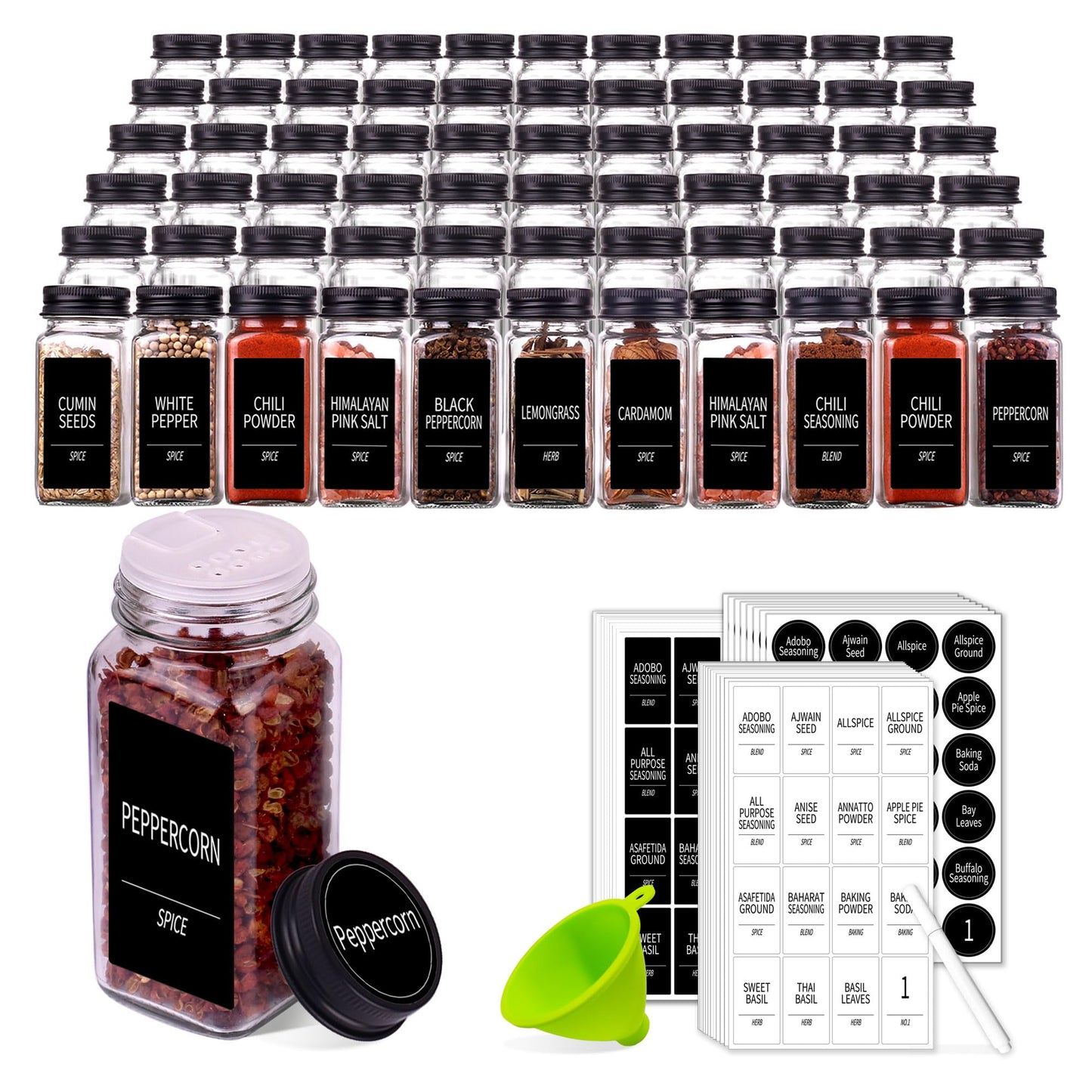 Churboro 66 Spice Jars with 547 Labels- Glass Spice Jars with Black Metal Caps, 4oz Empty Spice Containers with Shaker Lids, Funnel, Chalk Pen, Square Seasoning Bottles for Spice Rack, Drawer, Cabinet