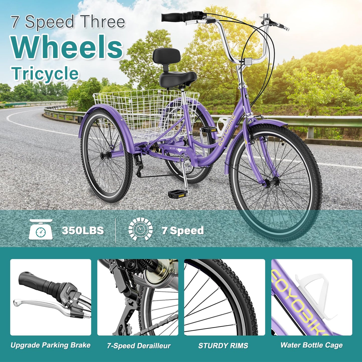 MOPHOTO Adult Tricycle 7 Speed, 20/24/26 Inch Low Step-Through Adult Trike with Large Rear Basket, 350 lbs Capacity 3 Wheel Bike for Seniors, Women and Men