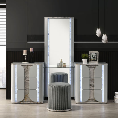 Furniture of America Bruna Modern Faux Marble 6-Drawer Makeup Vanity Set with Plush Tufting Stool, LED Full-Length Mirror and Tempered Glass Top, Wooden Dresser for Bedroom, Guest Room, Light Grey