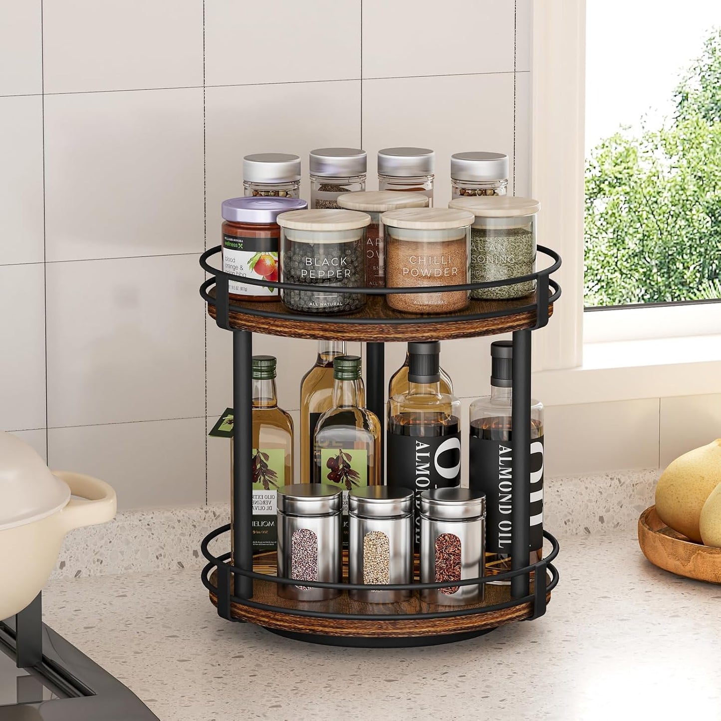 2 Countertop 10.2" 10.2" 10.4" Snughome Rotating Spice Rack, Tier Lazy Susan Organizer, Wood Kitchen Organizer, Brown