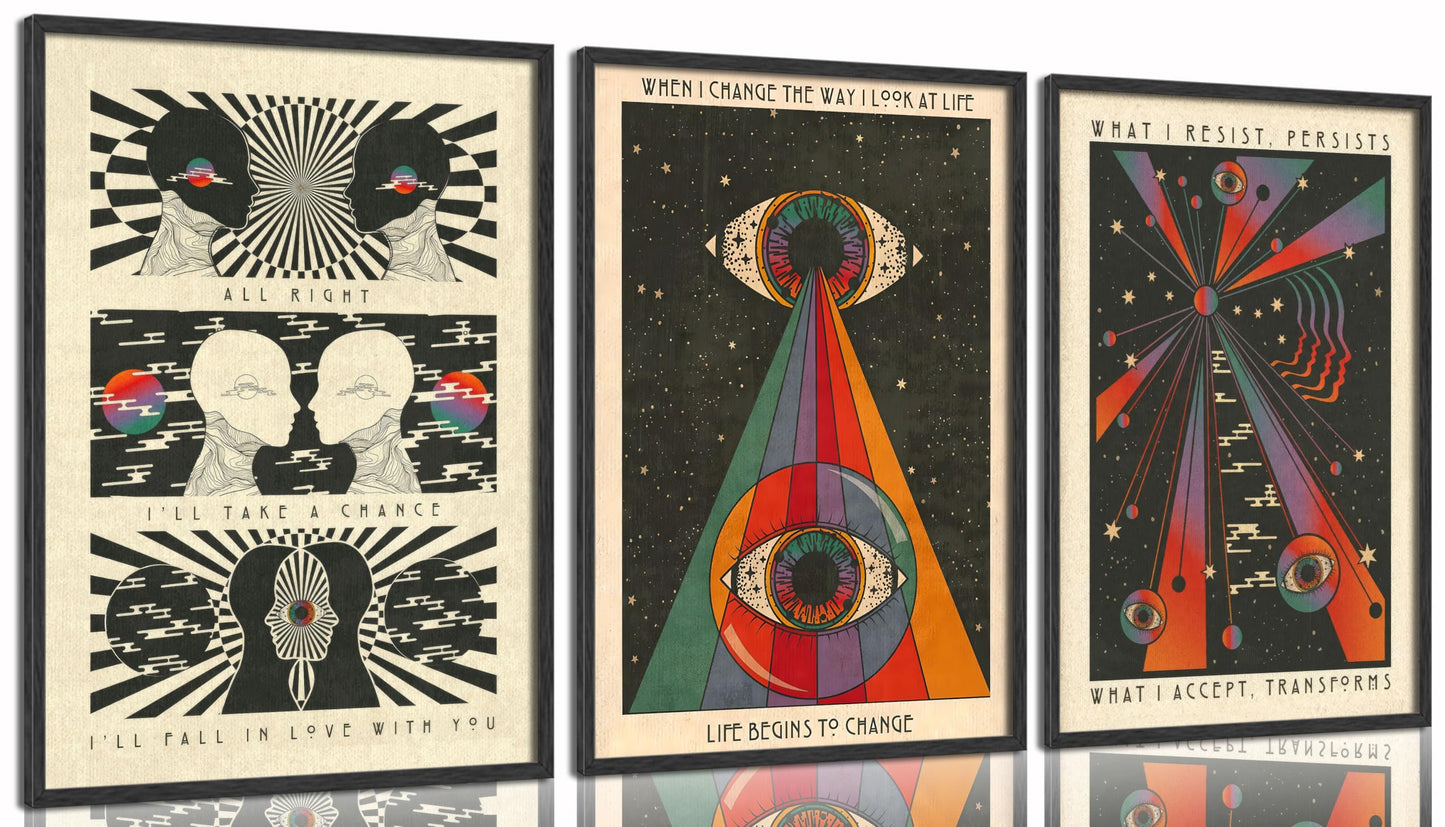 3Pcs Retro Hippie Wall Art 70's Psychedelic Eye Posters Wall Decor Meditation Inspirational Quote Prints Pictures Pop Art Style Spiritual Canvas Paintingfor Teen Bedroom Living Room Unframed
