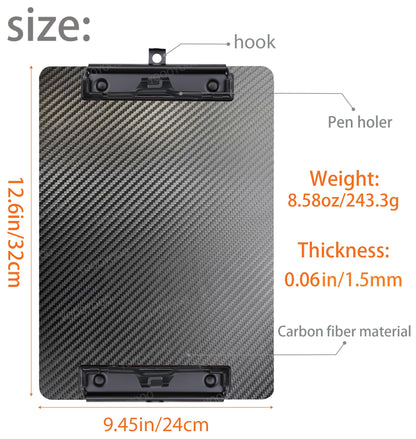 9.4"W x 12.6"L x 0.06"T Hard Lightweight Portable Carbon Fiber Clipboard with 2 Strong Black Low Profile Clips, Hook & Pen Holder, Letter/A4 Size Drawing Board, Waterproof & Sun Resistant, 3K Twill