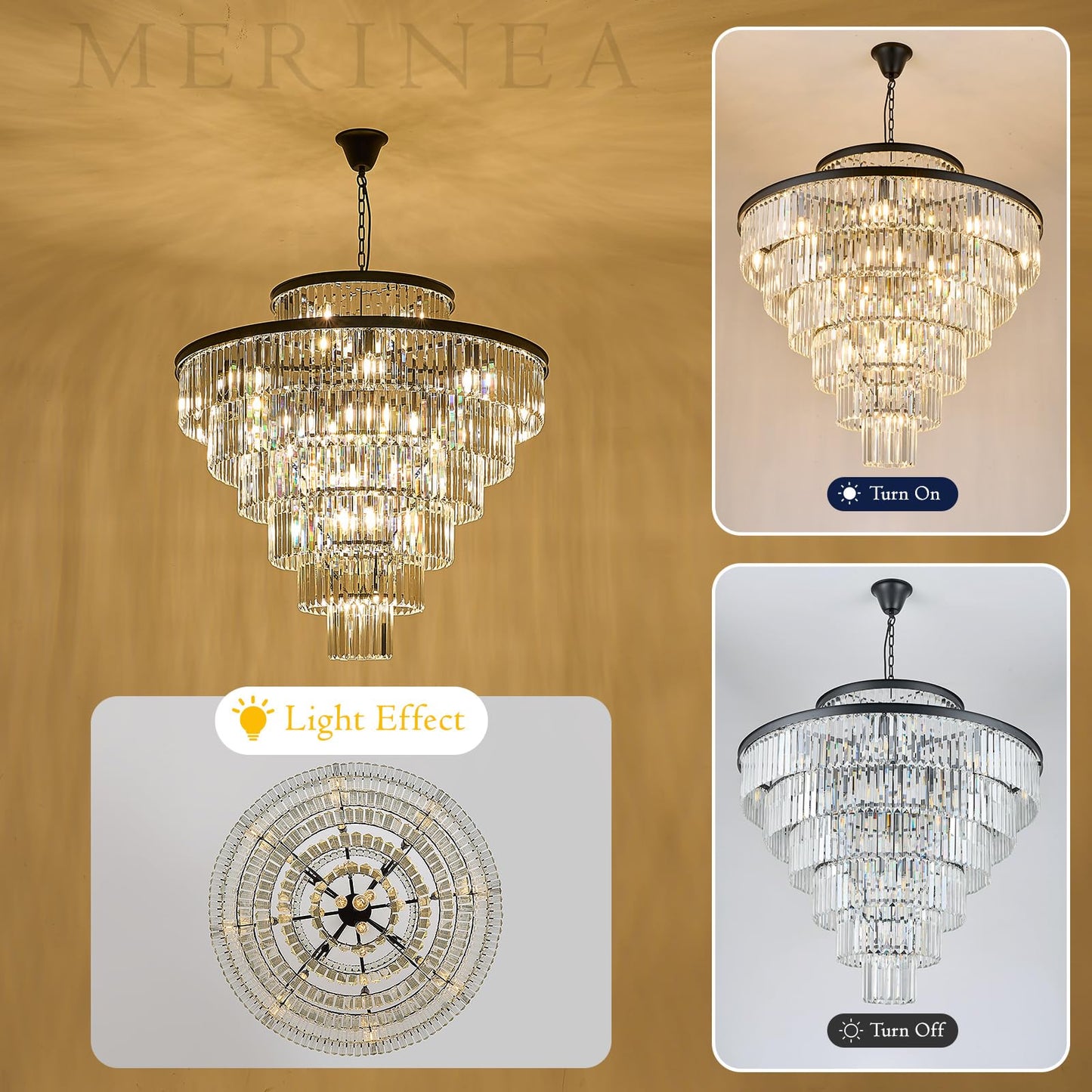MERINEA Large 40" Black Crystal Chandelier 28 Lights Modern Round Chandeliers for Staircase Luxury 7-Tier K9 Crystal Ceiling Pendant Light Fixture for High Ceiling Living Room Foyer