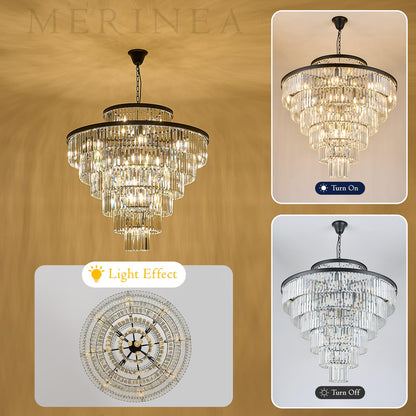 MERINEA Large 40" Black Crystal Chandelier 28 Lights Modern Round Chandeliers for Staircase Luxury 7-Tier K9 Crystal Ceiling Pendant Light Fixture for High Ceiling Living Room Foyer