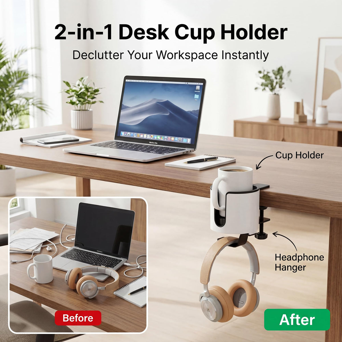 GUNKING Luxury 2-in-1 Anti-Spill Cup Holder with Under Desk Headphone Hanger (White)