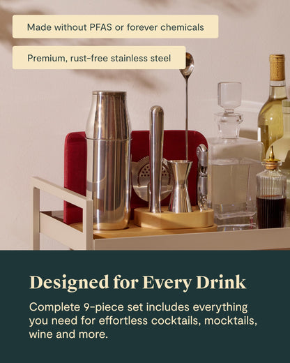 Caraway 9-Piece Complete Bar Set - Cocktail Shaker, Jigger, Muddler, Wine Key, Strainer, Bar Spoon, Storage Organizer, Magnetic Backer - Bartender Accessories - Tools for Home Bartending - Mist