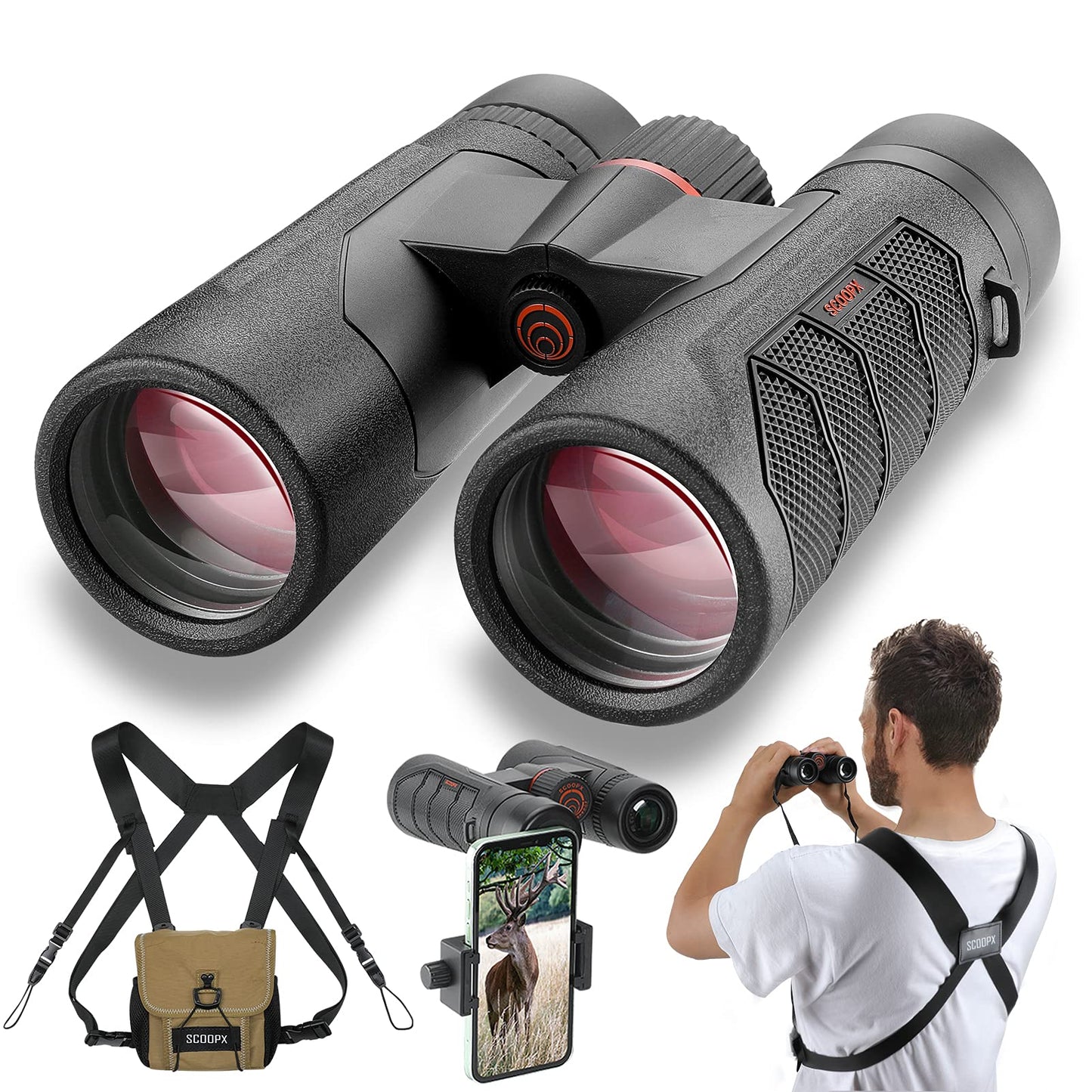 10x42 Ultra HD Binoculars with Phone Adapter and Harness - 24mm Large View Eyepiece, Edge-to-Edge Sharpness, 6.5° Wide Angle Field of View - Lightweight Waterproof Binoculars for Bird Watching Huntin1