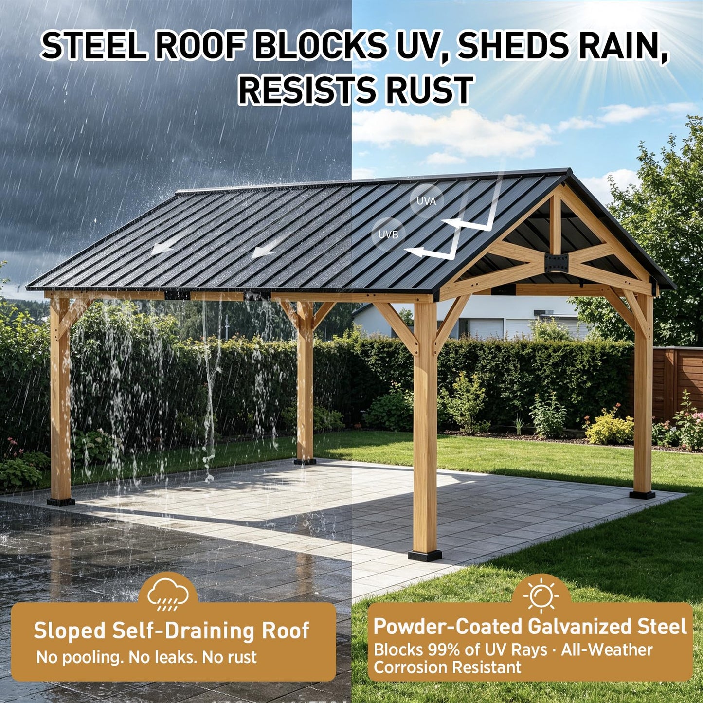 EAGLE PEAK 13x15 Hardtop Gazebo, Exposed Beam Rustic Gazebo, Galvanized Steel Gable Roof with Cedar Wood Frame, Outdoor Pavilion for Patio, Deck, Lawn and Garden Natural Wood/Black