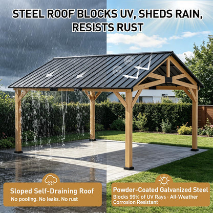 EAGLE PEAK 13x15 Hardtop Gazebo, Exposed Beam Rustic Gazebo, Galvanized Steel Gable Roof with Cedar Wood Frame, Outdoor Pavilion for Patio, Deck, Lawn and Garden Natural Wood/Black