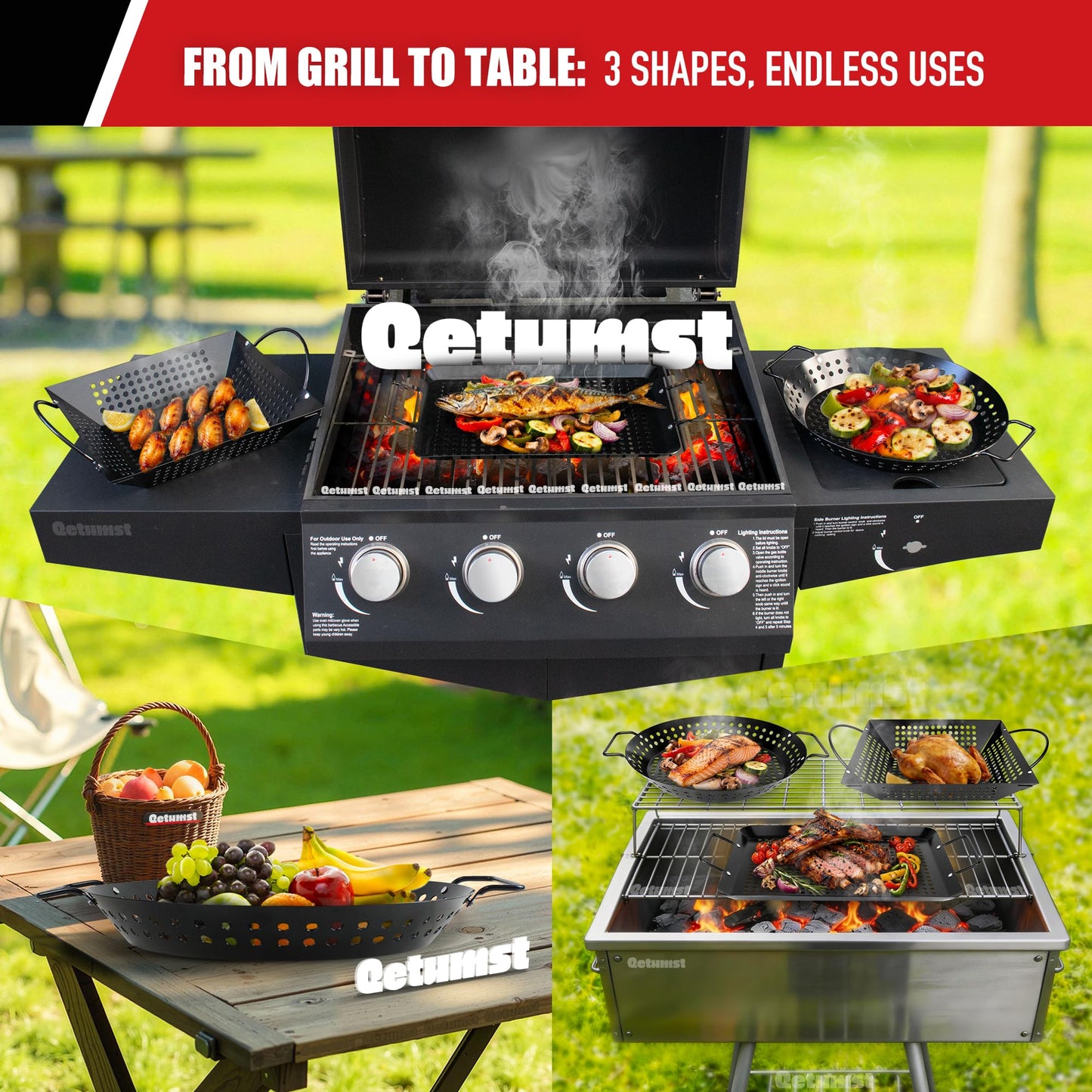 Qetumst Large 3 Piece Grill Basket Set for Outdoor Grill, Heavy Duty Veggie Grilling Pan with Riveted Handles, Warp Resistant Nonstick BBQ Accessories for Vegetables, Seafood & Meat