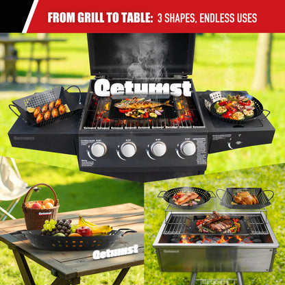 Qetumst Large 3 Piece Grill Basket Set for Outdoor Grill, Heavy Duty Veggie Grilling Pan with Riveted Handles, Warp Resistant Nonstick BBQ Accessories for Vegetables, Seafood & Meat