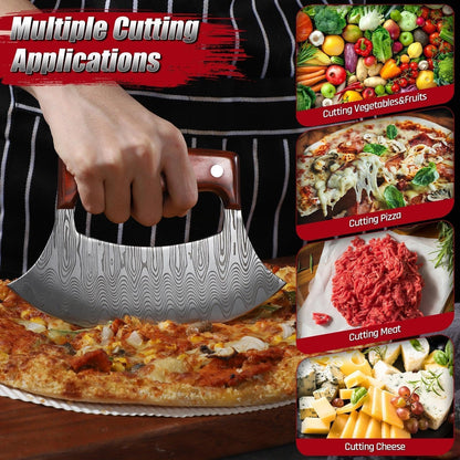 ROCOCO Pizza Cutter Ulu Knife – Full Tang Mezzaluna Rocker Chopper with Sheath for Kitchen, Camping, BBQ, Gifts for Men Women