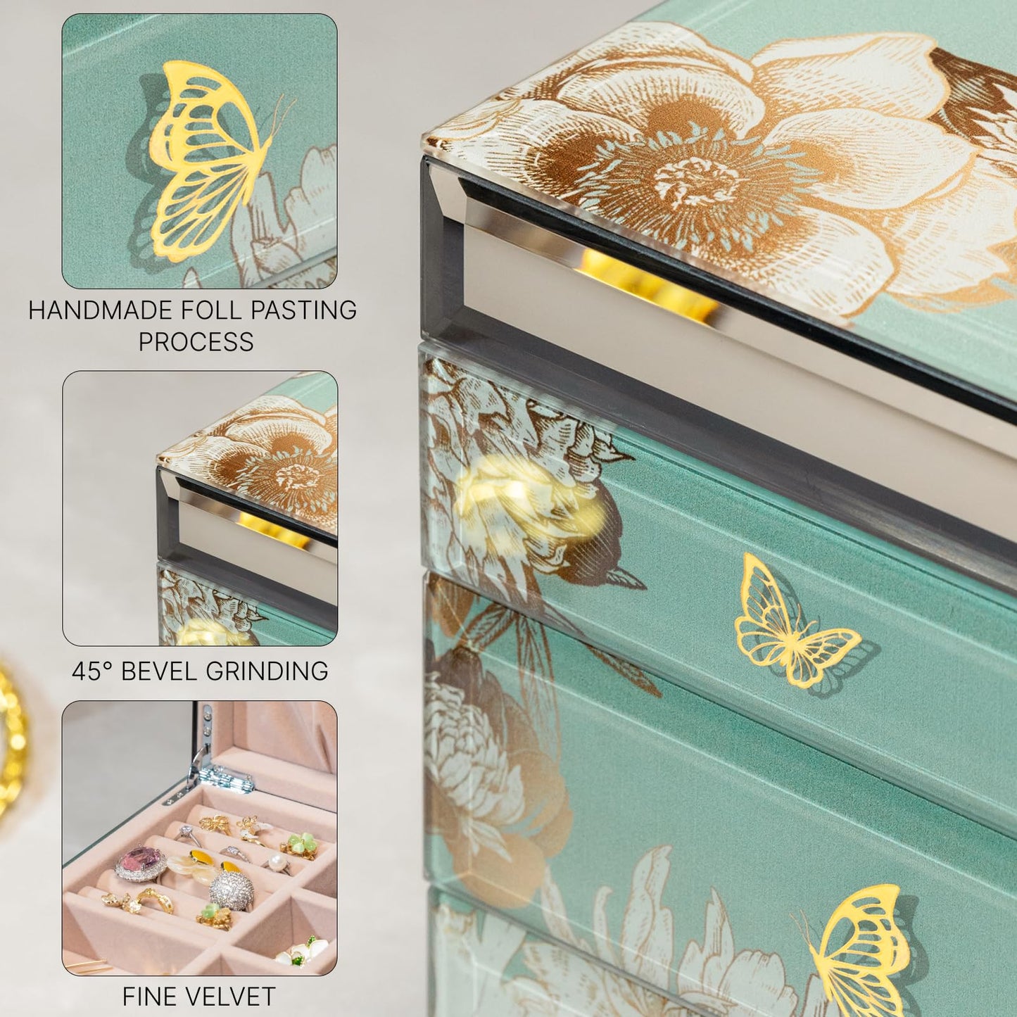 Homruilink High End Glass Jewelry Box, 3 Layer Jewelry Organizer, Velvet-Lined Case For Ring, Necklace, Earring, Bracelet Storage, Ideal Gift (Bird & Floral)