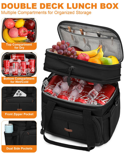 Pritent Lunch Box For Men Women Double Deck Insulated Lunch Bag For Men Woman Leakproof Expandable Cooler Bag with Adjustable Shoulder Strap for Work Picnic School(Black,Medium)