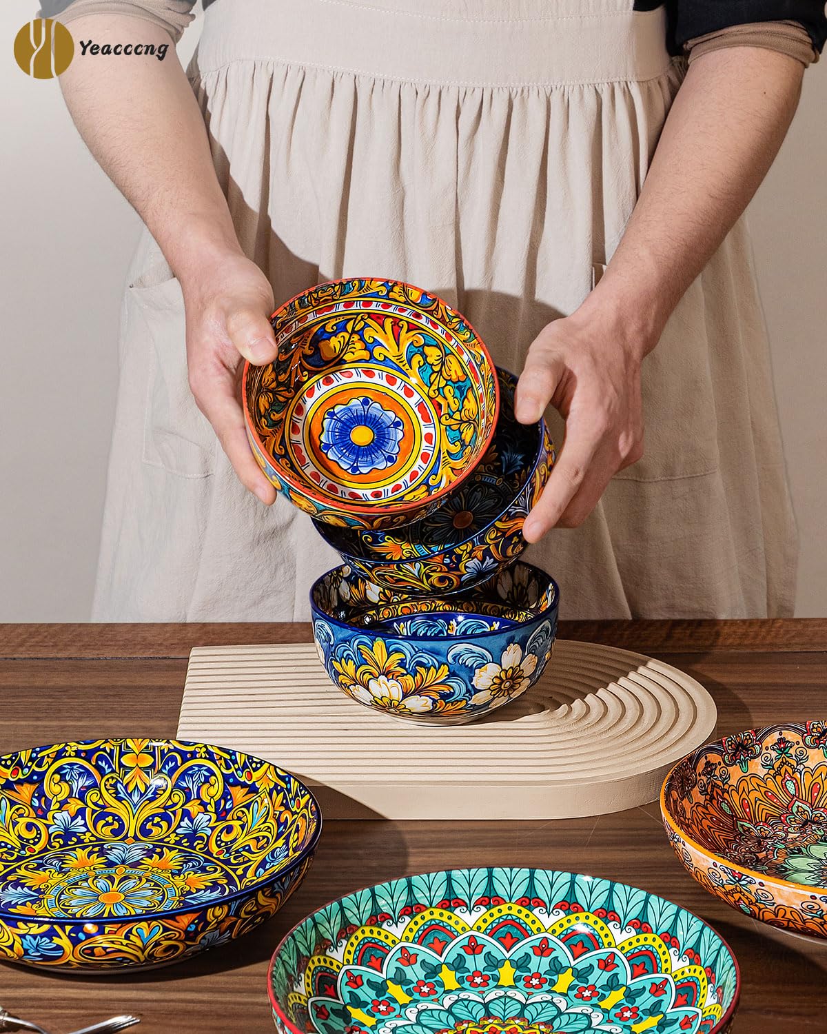 Yeacccng Bohemian Cereal Bowls Set of 6, 5.9 Inch 27 Oz Ceramic Soup Bowls, Microwave Dishwasher Safe, Lead-Free Scratch-Resistant for Oatmeal Pasta Salad, Colorful Boho Bowls