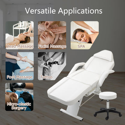 VroomAuto Hydraulic Facial Bed & Massage Chair with Stool, 3-Section Adjustable Esthetician Table for Spa, Tattoo, Beauty Salon, White