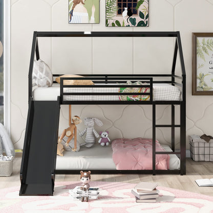 Merax Modern Twin Over Twin Heavy Steel Low Bunk Bed with Ladder and Slide, House Shaped Bunk Bed Frame with Full Lenght Guardrail, No Box Spring Needed, Space-Saving, Black