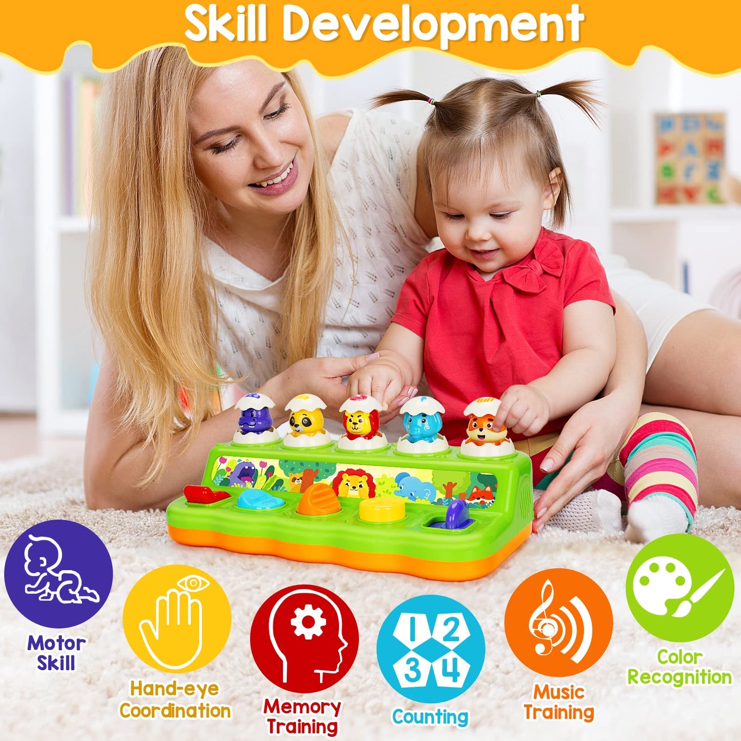 Duchong Toys for 1 Year Old Boys Girls, Interactive Pop up Toy with Music & Light, Early Learning Musical Toys for Toddlers 1-3, Birthday Gifts for Babys Infants 6-9-12-18 Months