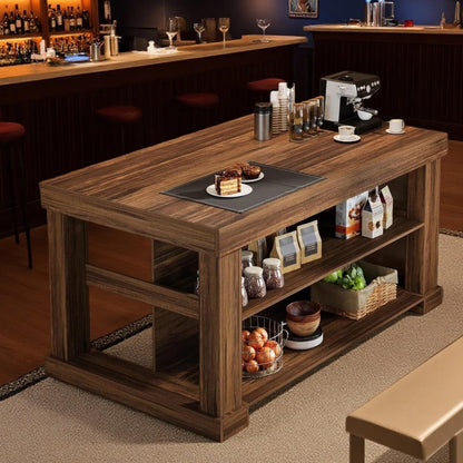 Tribesigns Kitchen Island with Storage, 55-Inch Farmhouse Stationary Island Table with Large Countertop, 3-Tier Wooden Center Bar Table for Kitchen, Dining Room, Dark Brown