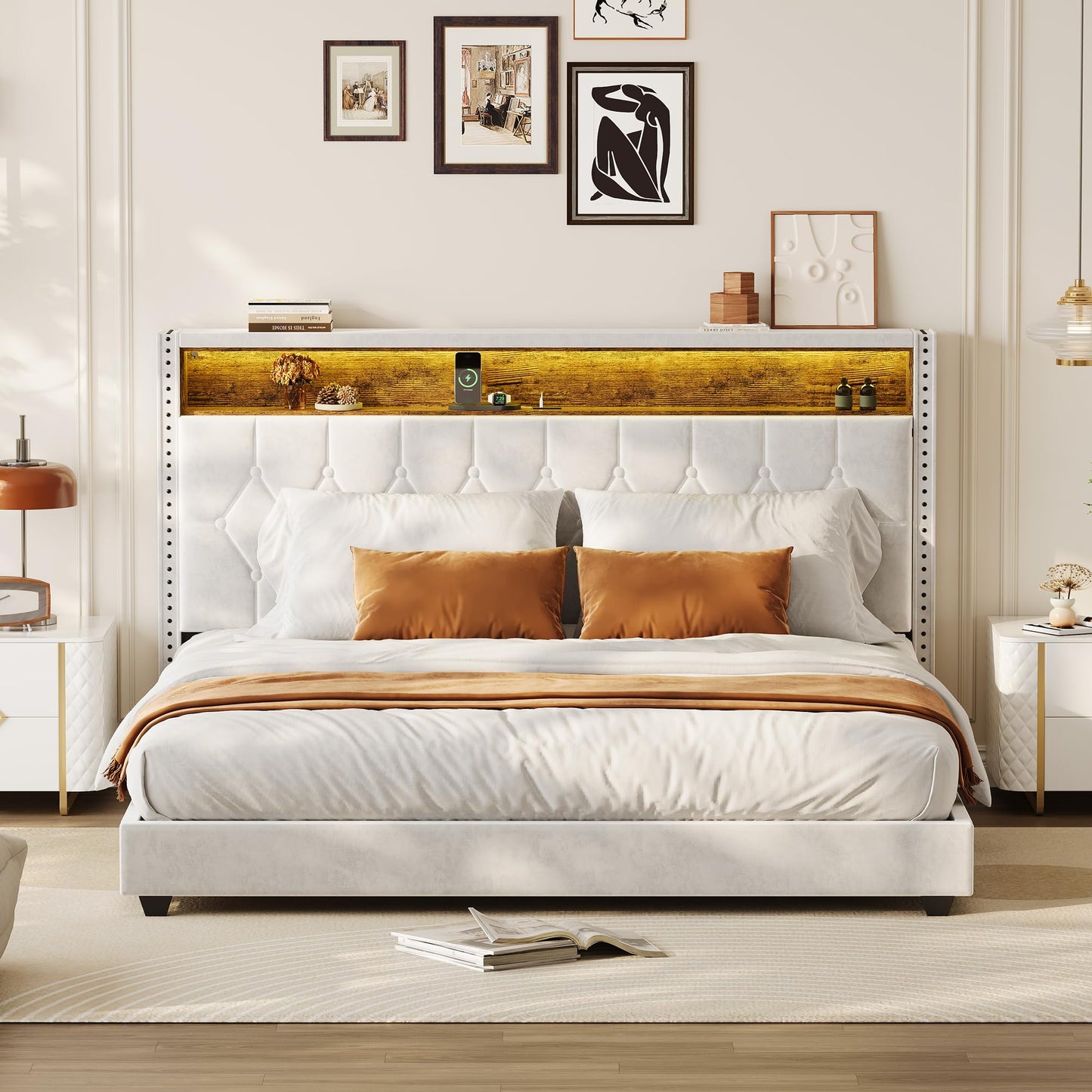 Garvee King Bed Frame with LED Light and Charging Station, Upholstered Bed Frame with Button Headboard, Wood Slat, No Box Spring Needed, Easy Assembly
