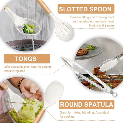 TeamFar Cooking Utensils Set, 12 Pcs Silicone Kitchen Gadgets for Nonstick Cookware, Wooden Handle Spatula Spoon