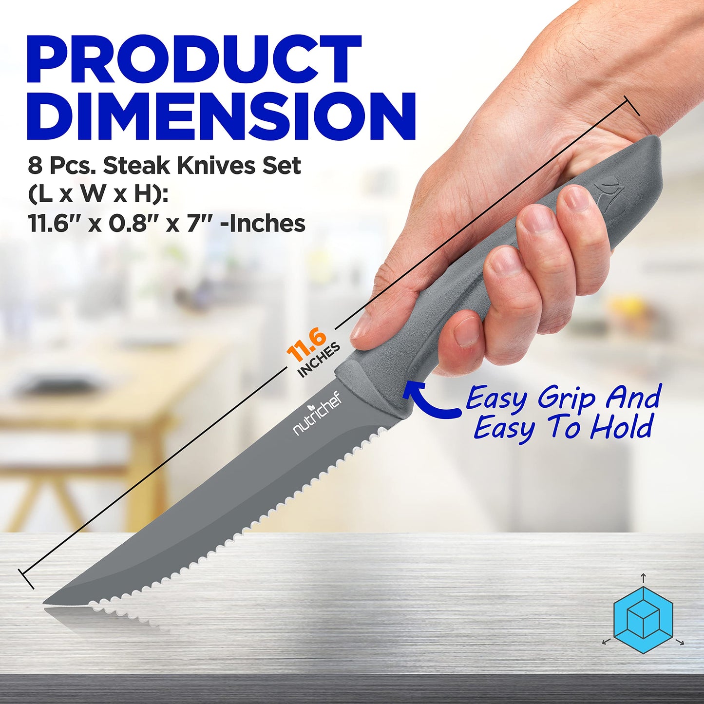 SereneLife Stainless Steel Knife Set, 8 Pcs. - Non-Stick Coating, Sharp Serrated Blades, Professional Kitchen Set, Rust-Resistant, Dishwasher Safe, Ideal for BBQ & Grilling, Gray