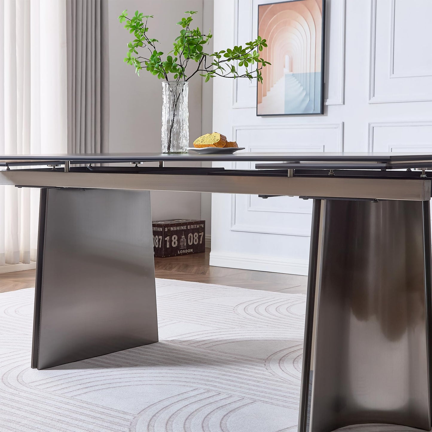TimesGate Extendable Dining Table for 8-12 Seat, Flexible Stretch, Tabletop Made from Rock Plate and Tempered Glass, Stable Stainless Steel Brushed Table Legs, 35.4"D x 106.3"W x 30.7"H, Pure Black