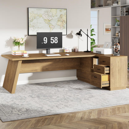 Tribesigns 78" L-Shaped Executive Desk, Large Modern Office Desk with Drawers and Lateral File Cabinet, Business Furniture with Storage Shelves, Big Computer Table for Home Office (Brown)