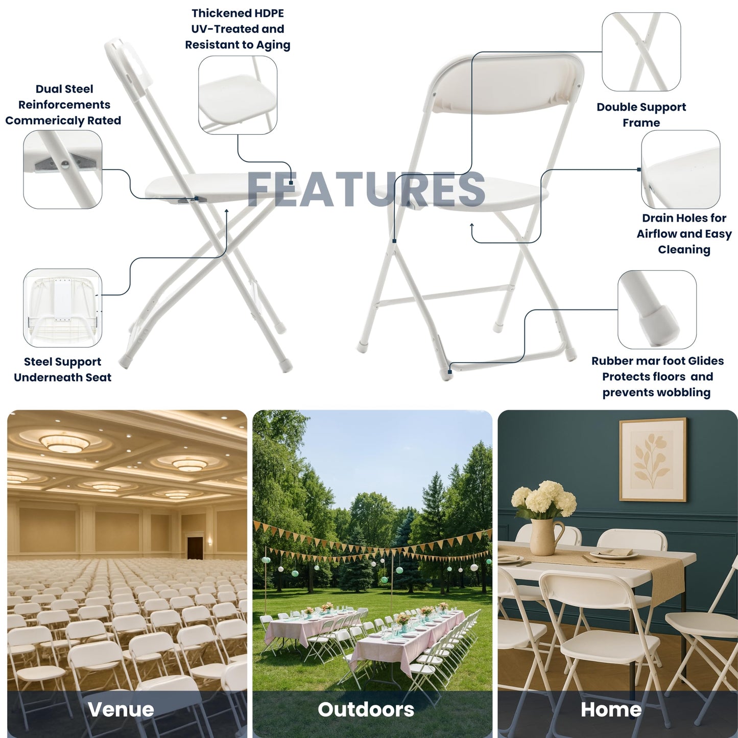 BTEXPERT Set of 50,Indoor Outdoor White Plastic Folding Chairs Stacking Steel Frame Commercial 650LB Weight Capacity Seating Home Yard Garden Wedding Event Party Picnic Dining Church School Portable