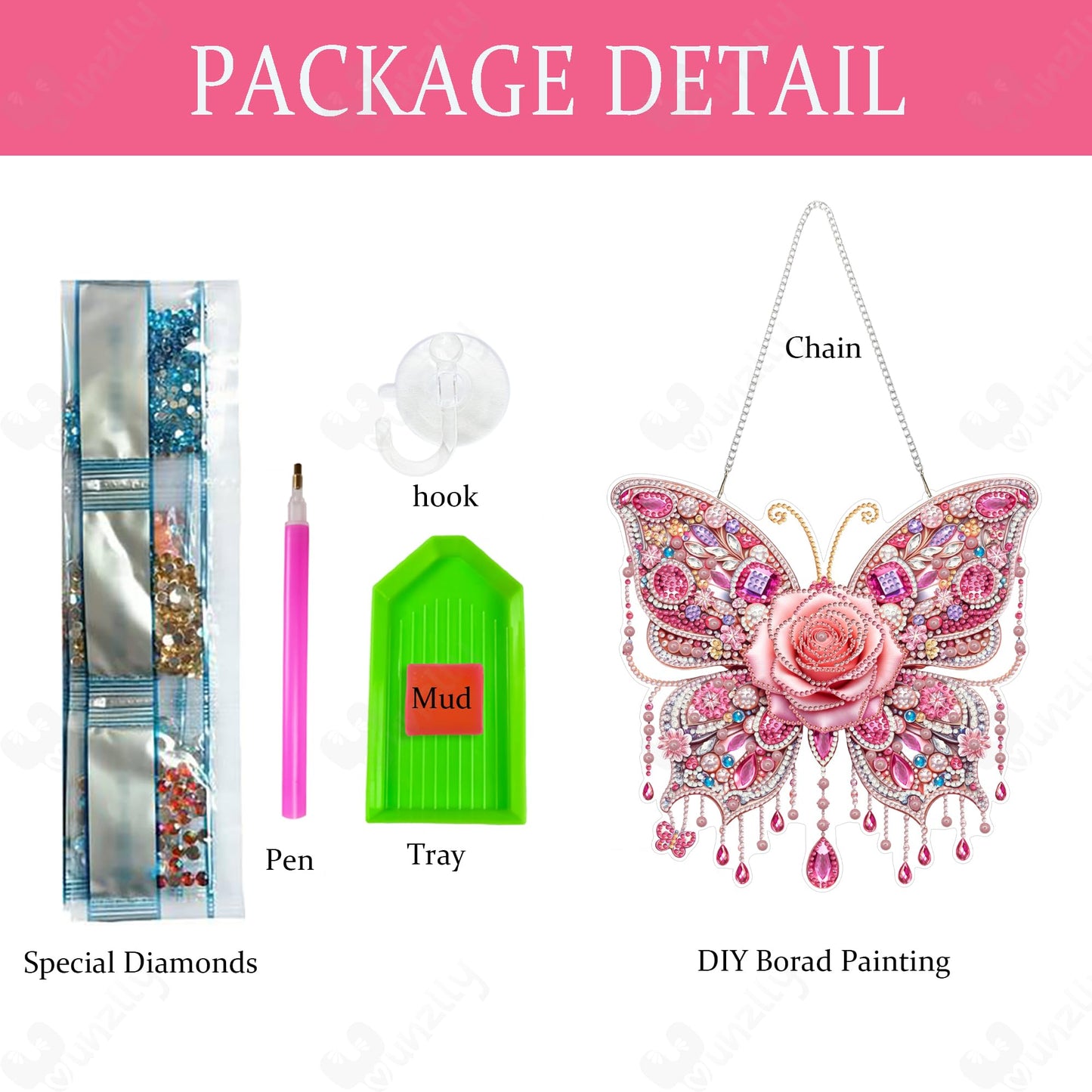 Yunzlly DIY Hanging Diamond Art Pendant Kit, Special Crystal Double Sided Diamonds Painting Ornament Kit for Adults, Acrylic Gem Painting Board for Window&Door&Wall (Pink Butterfly)