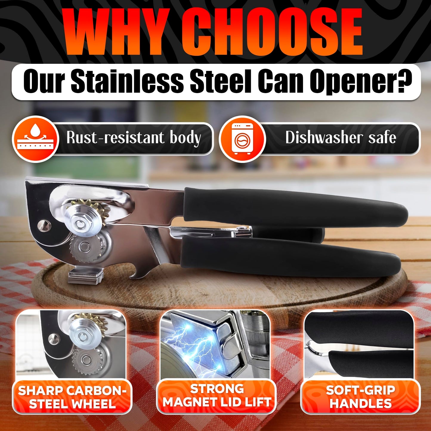 Heavy Duty Commercial Can Opener – Stainless Steel Can Opener for Large & Small Cans, Manual 360° Smooth Crank with Ergonomic Long Handles, Non-Slip Grip, 2-in-1 Bottle Opener for Restaurants & Home
